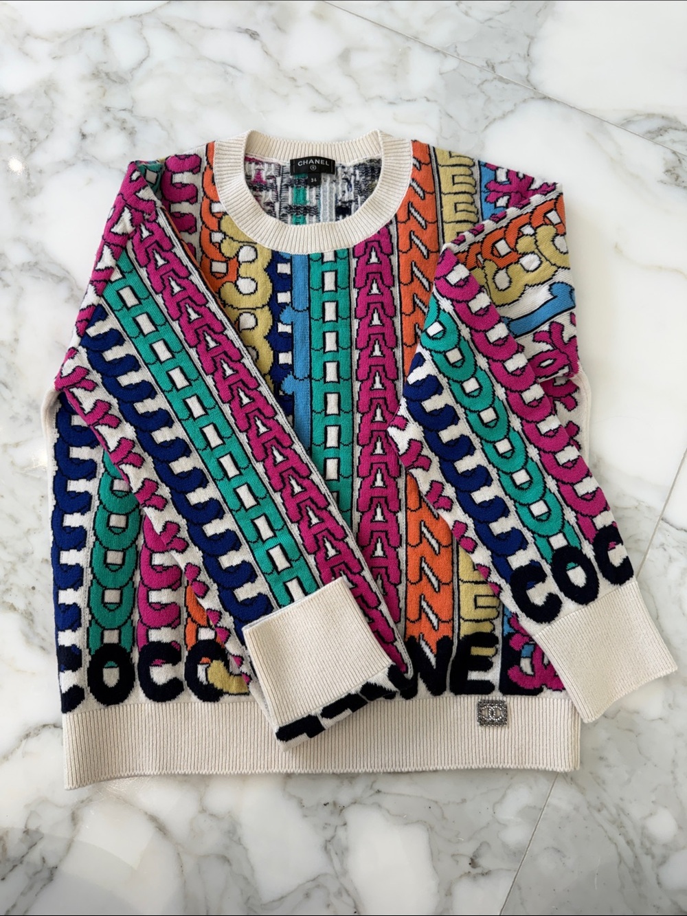 CHANEL Multicolor Graphic Crewneck Sweater with Cream Trim
